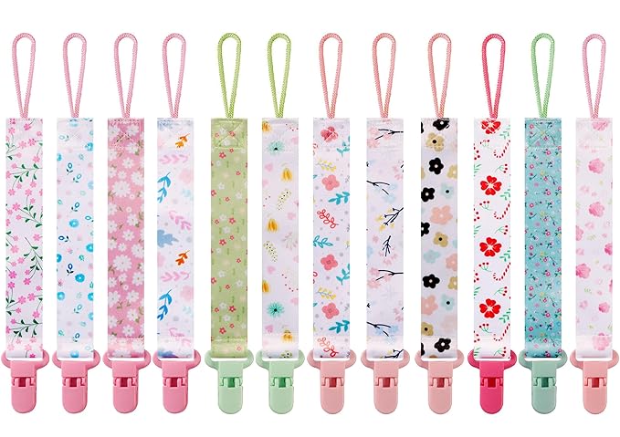 12 Pack Pacifier Clips with Adjustable Strap (32-46.5cm)/Short Strap(25.5cm) - Premium Polyester Baby Pacifier Holder Set, Multi-Design Clips for Boys Girls (Multicolor D 25.5cm)