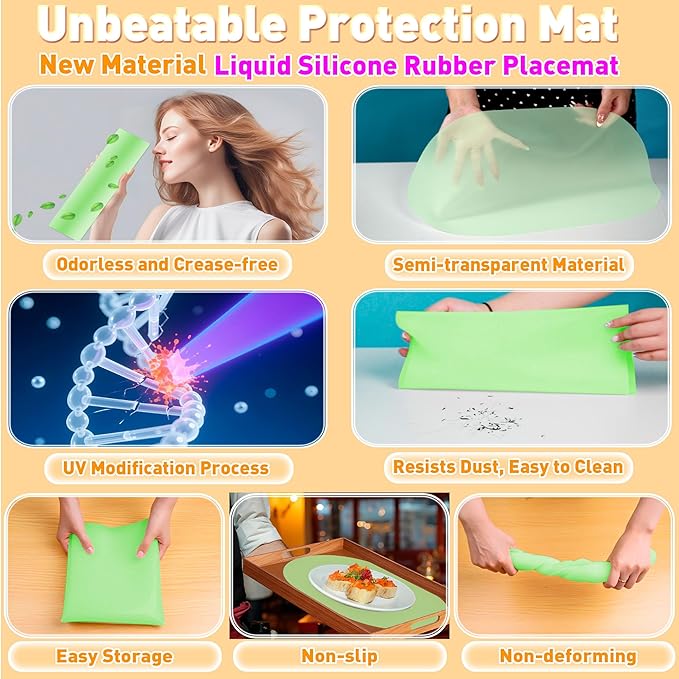 Oval Silicone Placemats Set of 4, Heat Resistant Non-Slip Waterproof Table Mats, Ultra-Thin Translucent Easy Clean Dining Mats for Home & Kids, 17"x12", Green