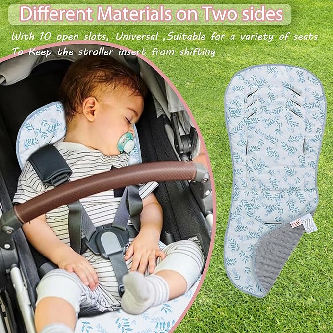 Baby Stroller Cushion,Soft Minky Dotted and Printed Stroller Seat Liner-Reversible Universal Breathable and Soft Newborn Stroller Pad, Cotton Infant Car Seat Insert-82x37cm,1 Pack(Blue Leaves)