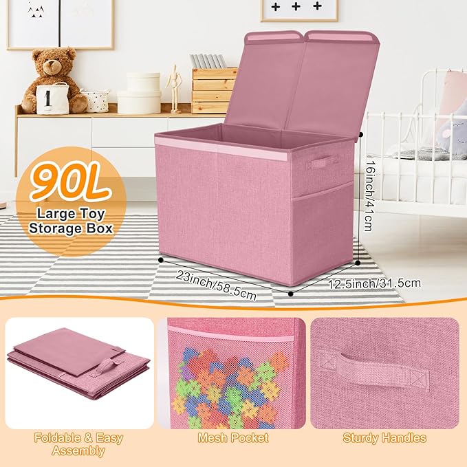 Fiwochic 3 Pack 23" Large Toy Storage Box with 11" Cubes Bins, Collapsible Toy Organizer Chest with Lids for Kids Nursery Playroom Bedroom Living Room Christmas Ornament Storage Box(Pink)
