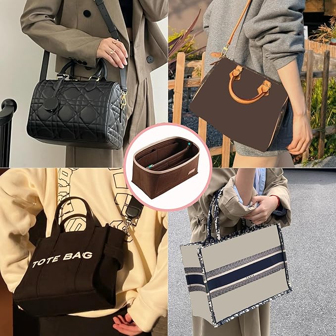 Doxo Purse Organizer Insert for Handbags & Base Shaper 2pc Set, Tote Bag Organizer Insert with 6 Sizes, Compatible with Speedy 25 More(M-Brown)