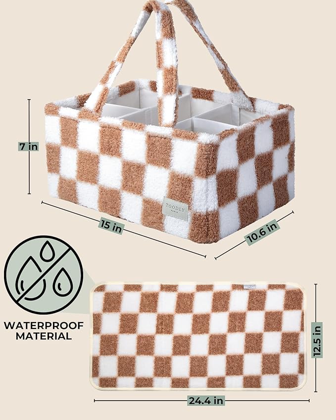 Toodly Checkered Diaper Caddy Organizer with Portable Changing Mat - Teddy Fleece Diaper Organizer for Changing Table - Caddy Organizer with Removable Dividers - Light Taupe and White