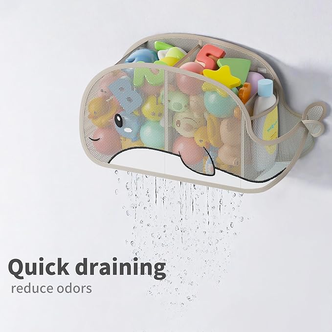 Quick-Drying Baby Bath tub Toy Organizer Storage for Bathroom, Large-Capacity mesh Bath Toy Holder for Bathtub, Convenient for Quick Access, Whale-Shaped Design (Gray)