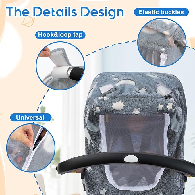 Baby Car Seat Cover, Carseat Covers Baby Glow in The Dark, Fleece Plush Infant Car Seat Cover for Girls Boys, Car Seat Canopy with Peep Mesh Windows, Universal Carrier Cover for All Seasons