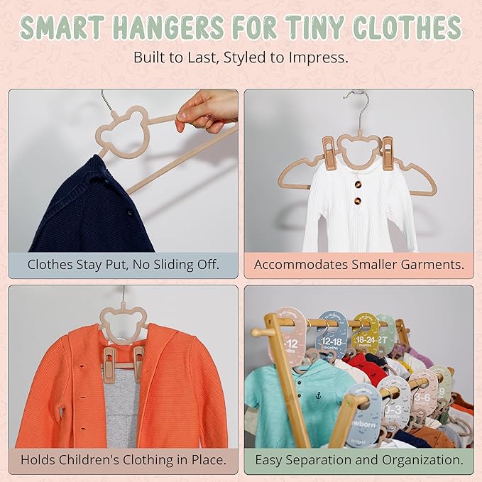 Velvet Baby Hangers with Clips – Organize Baby Clothes by Age with Size Dividers – Save Closet Space for Newborn to Toddler Outfits – Perfect Nursery Must-Have (Petal)