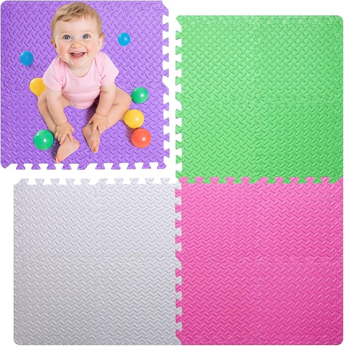 Coolcandy Baby Foam Play Mat 16Pcs with Edge Strips, 4 Colors Interlocking Floor Tiles, 0.4″ Thickened Non-Slip Puzzle Floor Mat for Infants Toddlers Playroom & Daycare