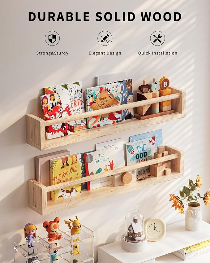 Nursery Book Shelves, 4 Pack, Wall Book Shelves for Kids Room, Baby, Toddler, Nursery Decor (Wood, 23 Inches)