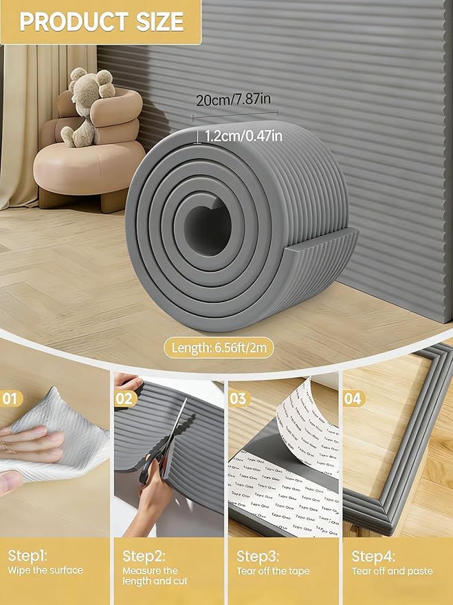 7.9''W Extra-Wide Edge Protector, 6.56FT 0.47''Th Baby Proofing Corner Guards, Safety Furniture Bumper, Pre-Taped, Thick Soft Rubber Foam Padding for Fireplace Table Stair Cabinet (Grey)