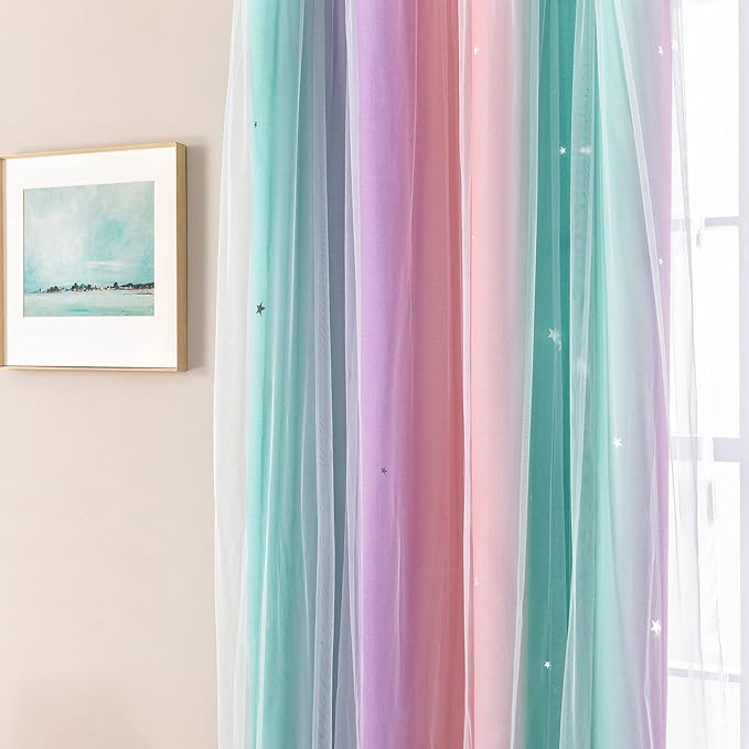 XiDi Curtains for Bedroom Decor, Rainbow Pink Purple Green 34/90/1