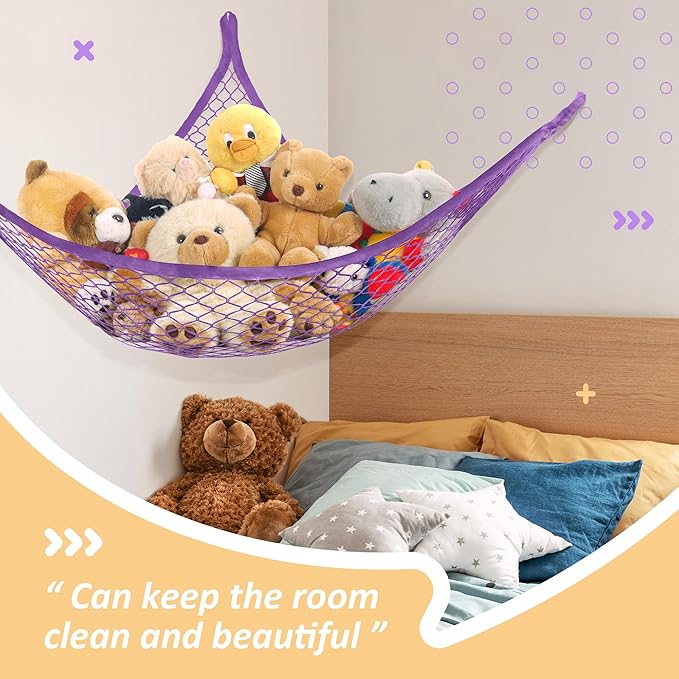 Lazebox Stuffed Animal Net Hammock for Plushie Toys, Stuffed Animal Hammock Corner for Kids' Room Decor, Ideas for Organizing Stuffy Collection, Purple, L (67" x 40" x 40")-Pack of 1