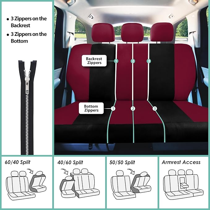 FH Group Car Seat Covers Full Set Cloth,Universal Fit combo,Washable Automotive Seat Covers,Low Back Front Seat Covers,Airbag Compatible,Split Bench Rear Seat for SUV,Sedan,Van Burgundy