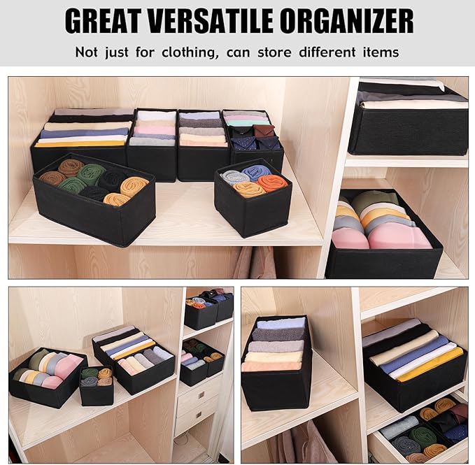 Pomety Black Foldable Underwear Drawer Organizer and Closet Dividers Foldable Cloth Storage Box Drawer Divider Organizer Bins for Clothes, Socks, Bras, Underwear,3 Pack （Black）