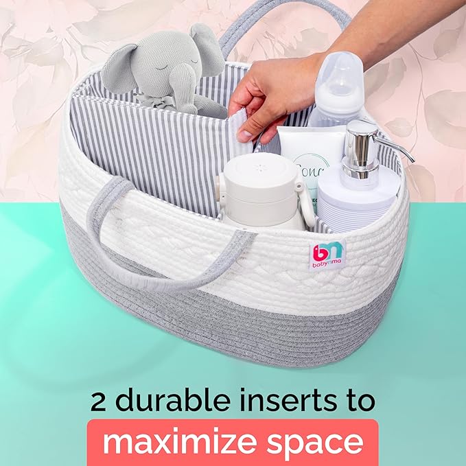 Babynma Rope Diaper Caddy - Storage for Baby and Toddler Items - Portable Cotton Organizer Easily Holds Diapers, Wipes, Clothing - Useful for Nursery, Bedroom (Gray, Regular)