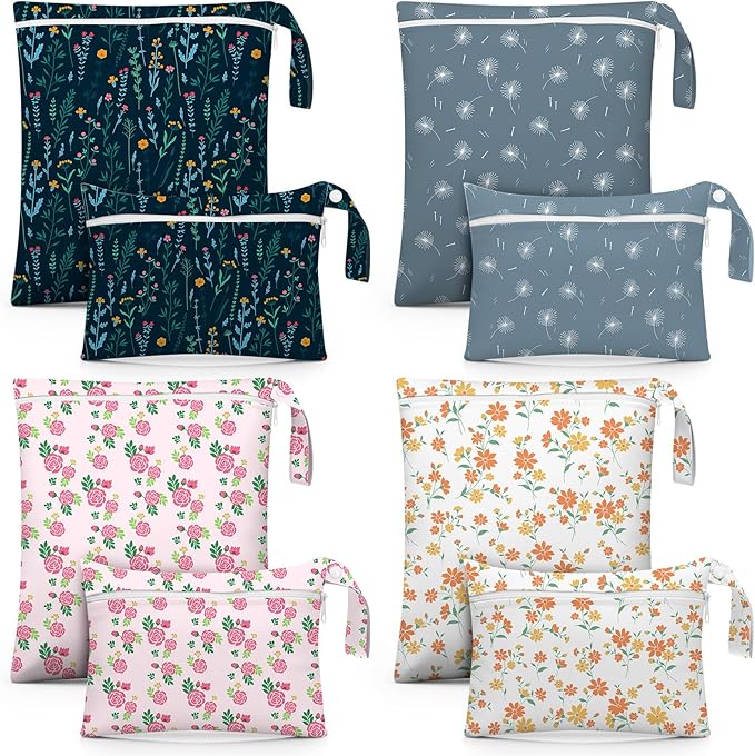 Reginary 8 Pack Wet Dry Bags Waterproof Reusable Travel Zipper Pouch for Baby Cloth Diapers, Swimsuits, Wet Clothes, Toiletries, Beach, Pool, Yoga Gym Bag, 2 Sizes (Flower Style)
