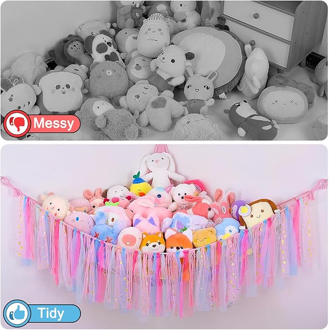 FIOBEE Stuffed Animals Net or Hammock with LED Light, Toy Hammock Hanging Stuffed Animals Storage Organizer Holder Room Décor for Nursery Kids Bedroom