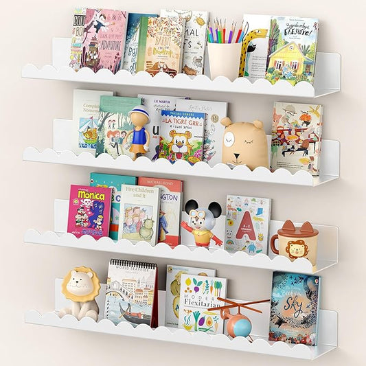 Floating Shelves for Wall, 23 Inch Metal Nursery Book Shelves 4 Pack, Wall Mounted Book Shelf for Kids Room, Bedroom, Bathroom, Playroom Decor （White）
