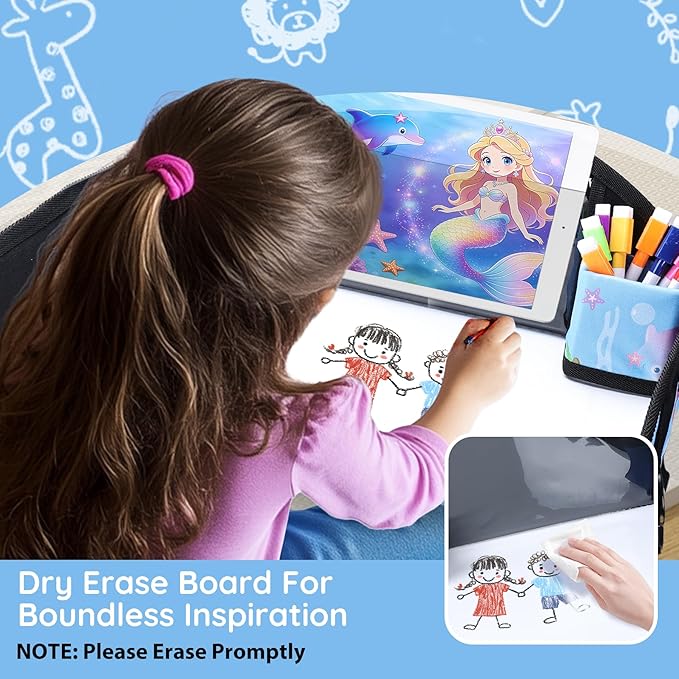 Kids Travel Tray for Car Seat, Road Trip Essentials for Toddler, Carseat Lap Tray with Dry Erase Board & Storage Organizer for Activities, Bluish Violet