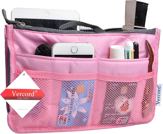 Vercord Purse Organizer Insert for Handbags Bag Organizers Inside Tote Pocketbook Women Nurse Nylon 13 Pockets Pink Large