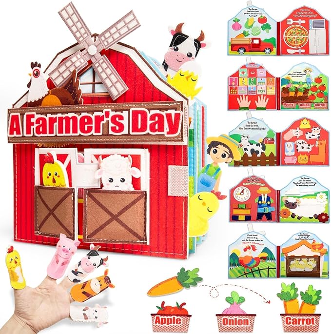 EggSun Busy Board for Toddlers 1-3, Farm Animals Quiet Busy Book for 1 Year Old, Felt Montessori Toys Educational Learning Activity Books, Airplane Car Travel Toys for Boys Girls Kids Birthday Gifts