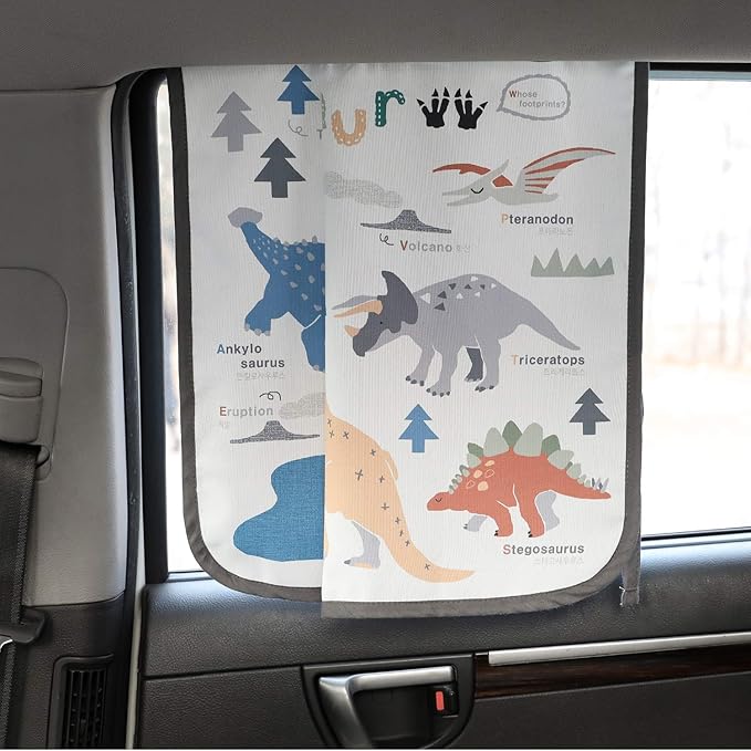 BEBEDECO Magnetic Car Sun Shade Curtain for Side Window – Sun Blocker and UV Protector for Baby, Kids, and Pets – Universal Fit with Built-in Magnets for Steel-Framed Door (Dinosaur)