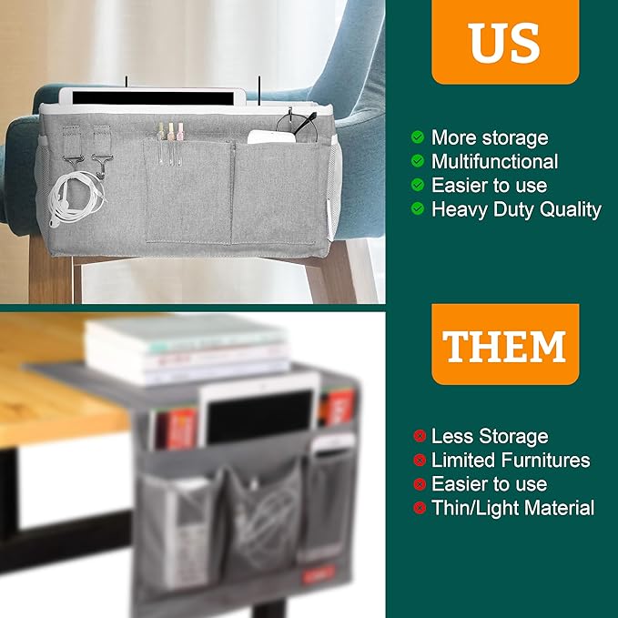Bedside Caddy Organizer Hanging Storage Bag with Pockets for Books, Magazines, Phone, Tablet & Water Bottle – 2-Pack Bedside Storage for Dorm Rooms, Bunk Beds, Hospital Beds & Cribs , Gray
