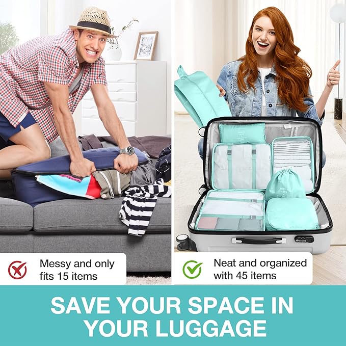 8 Set Packing Cubes for Suitcases, Packing Cube with Shoe, Cosmetics, Clothing, and Accessories Bags Packing Cubes for Travel Luggage Organizer(Blue-Green)