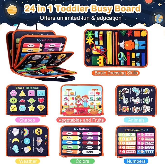 Toddler Busy Board Montessori Toys: for Toddlers 1-3 Year Old Educational Activity Book Sensory Board Travel Toy Ages 3-4 3-5 Learning Fine Motor Skills Preschool Quiet Book Gift for Boys Girls Kids