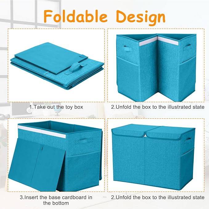 Fiwochic 3 Pack 23" Large Toy Storage Box with 11" Cubes Bins, Collapsible Toy Organizer Chest with Lids for Kids Nursery Playroom Bedroom Living Room Christmas Ornament Storage Box(Blue)