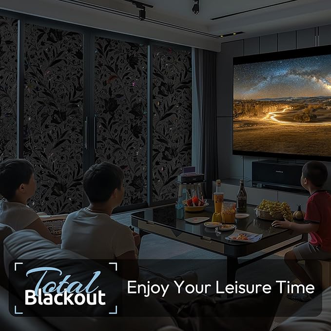 rabbitgoo Total Blackout Window Film Sun Blocking, Black Privacy Window Film Light Blocker, Stained Glass Thermal Cling Heat Control, Room Darkening Glass Sticker for Door Covering, 17.5" x 118.1"