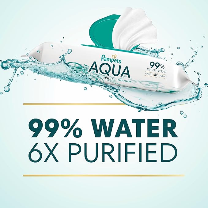 Pampers Aqua Pure Baby Wipes, 99% Water, Fragrance Free, Unscented, Water Based, Multi-Use, 448 Wipes Total (8X Flip-Top Packs) [Packaging May Vary]