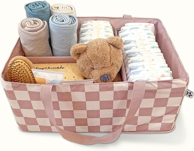 Tiny Twinkle Diaper Caddy Organizer | Foldable Baby Storage Basket with Removable Divider | Waterproof & Mess-Proof Fabric, Portable Nursery Organizer for Newborn Essentials (Beige Checkers)