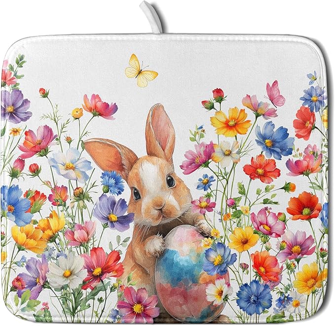 Spring Easter Rabbit Egg Dish Drying Mat for Kitchen Counter,Colorful Flowers Butterfly Drying Mat 16 x 18 Inch with High Absorbent Microfiber Drainer Mat for Coffee Bar
