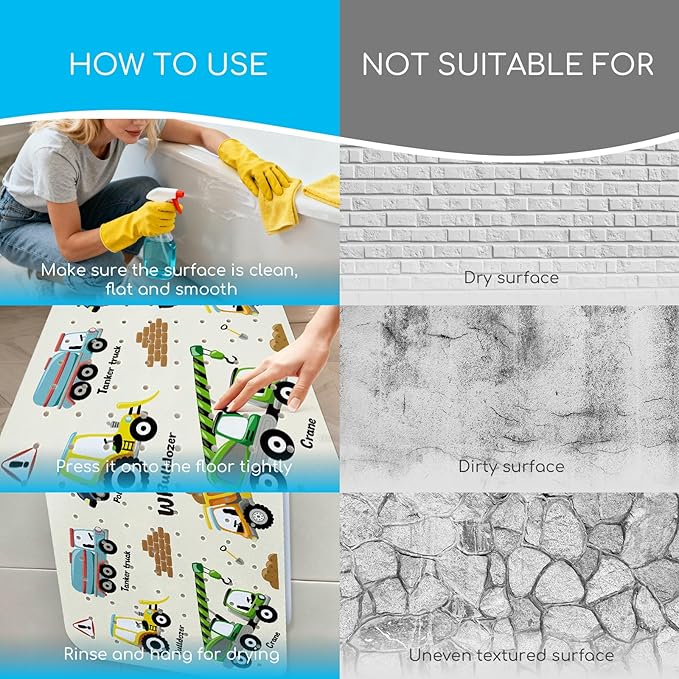 Omedecal Baby Bath Mat for Tub, Non Slip Kids Bath Shower Mat, 40 X 16 Inch Large Bathtub Mat with Drain Holes and Suction Cups for Toddlers, Machine Washable and Waterproof (Excavator)