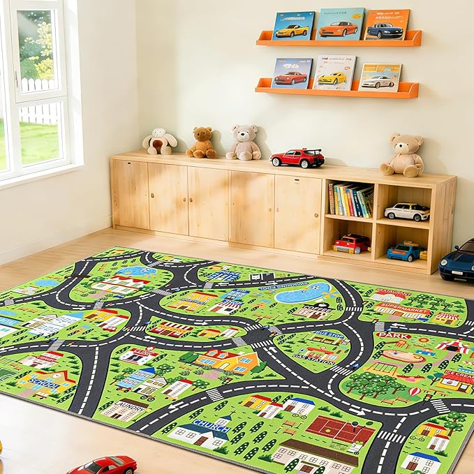 Community Kids Car Play Rug - Educational Play Mat Carpet with Fire Station, School, Park & More for Learning and Play, Ideal for Playroom Classroom Bedroom Nursery, 8x10ft