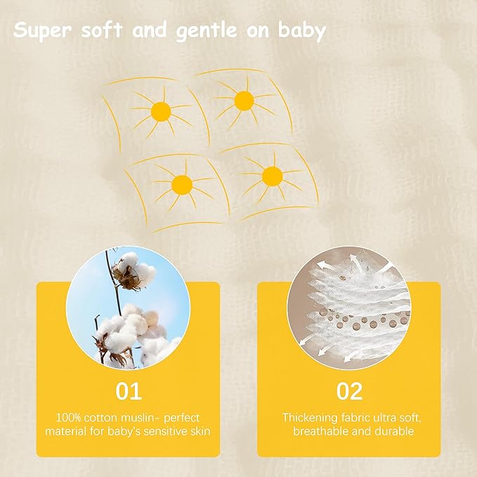 Lovely Care 12 Pack Muslin Burp Cloths 100% Cotton Muslin Cloths Large 20''x10'' Extra Soft and Absorbent Baby Burping Cloth - Ivory