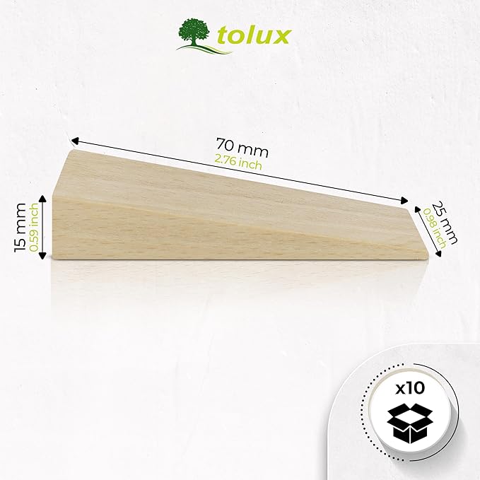 Tolux Wooden Wedges, Hardwood Wedge, Beech Wood Wedge, Wooden Doorstop, Handy Tool in Carpentry, Construction and Various DIY Projects, Size 70x25x15 mm / 2.75x0.98x0.59 in, Pack of 10 pcs