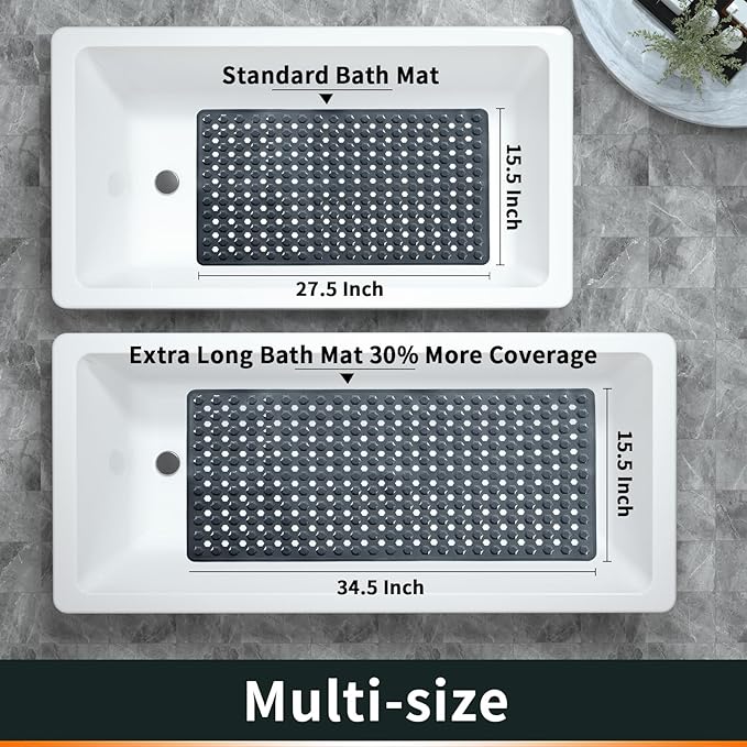 Yimobra Bath Tub Mat Non Slip, 34.5"x15.5" Long Shower Mat, Machine Washable Bathmat with Drain Holes and Suction Cups, Soft on Feet, Bathroom Essentials, Dark Grey