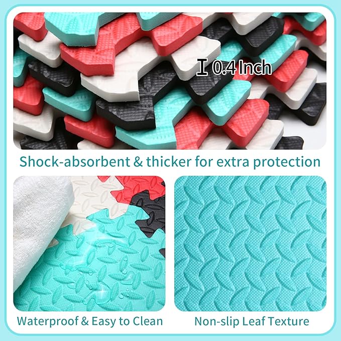 Coolcandy Baby Foam Play Mat 16Pcs with Edge Strips, 4 Colors Interlocking Floor Tiles, 0.4″ Thickened Non-Slip Puzzle Floor Mat for Infants Toddlers Playroom & Daycare