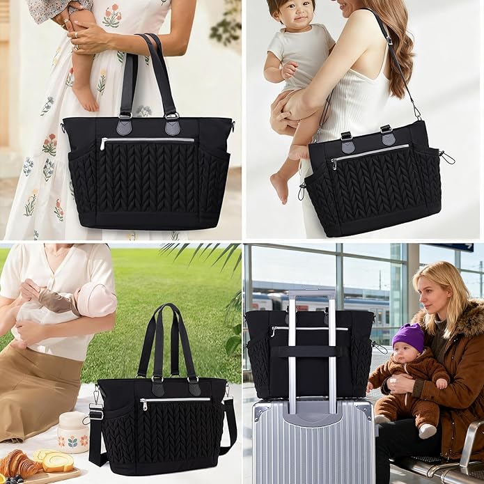 Diaper Bag Tote, Large Tote Baby Diaper Bag with 15.6" Laptop Compartment and Insulated Pockets, Crossbody Hospital Bags (Black)