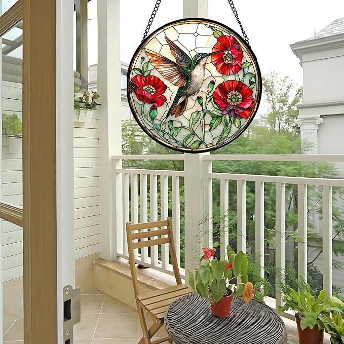 JOSUMALY Stained Glass Window Hanging - Green Hummingbird Red Flower Suncatcher for Door Terrace Garden Home Decor Bird Landscape Sun Catcher Birthday Gifts for Lovers Women Men Dad Mom Nana 15 in