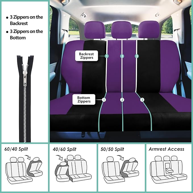 FH Group Full Set Car Seat Covers Cloth, Universal Fit combo, Set with Steering Wheel Cover and Seat Belt Pad fits Most Cars, SUVs, Trucks Purple