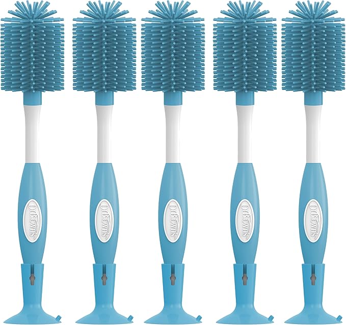 Dr. Brown's Soft Touch No Scratch Baby Bottle Cleaning Brush, Nipple Cleaner & Suction Cup Base for Easy Storage, BPA Free, Blue (Pack of 5)