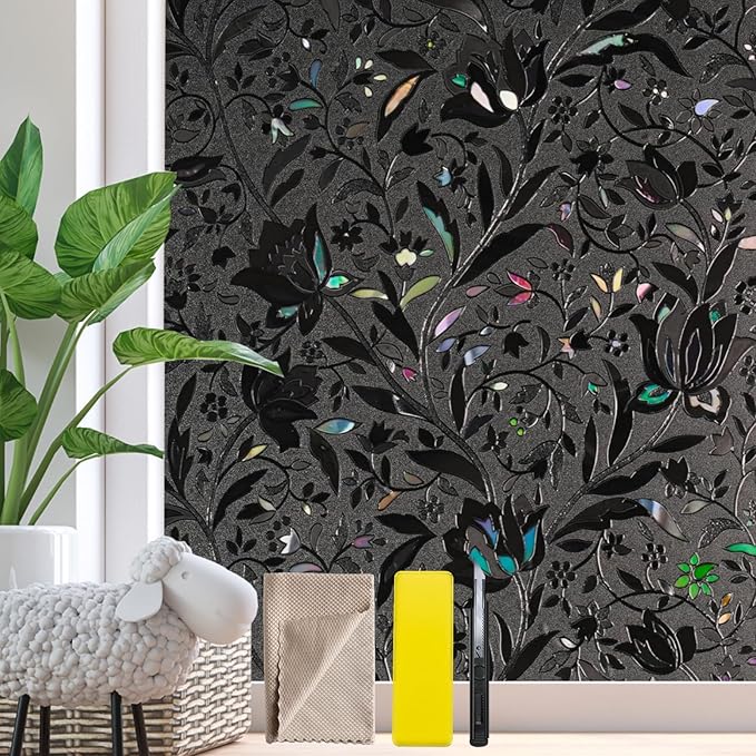 Bloss Blackout Window Privacy Film, 100% Sun Blocking Privacy Cover for Glass, Removable Room Darkening Black Out Window Tint, Static Cling Frosted Glass Film (Black/Tulip, 23.6" x 78.7")