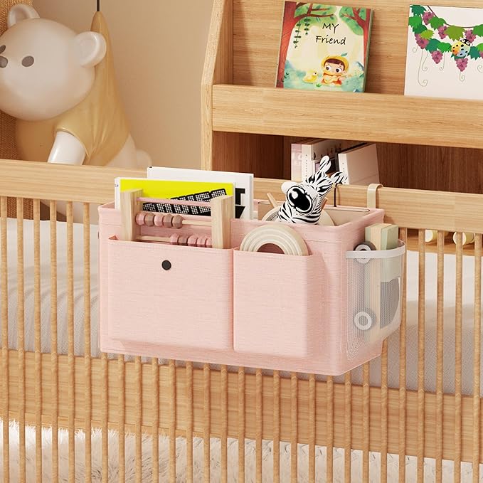 Edudif Bedside Caddy Bedside Organizer with Fixed Straps & Water Bottle Holder, Bunk Bed Caddy ideal for Home, Dorm, Hospital, Crib, Versatile Bedside Storage Solution (Pink 2pcs)