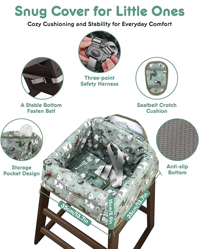 Lunobubo Baby High Chair Cover Restaurant with Strap Pads & 3-Point Harness, Machine Washable, Waterproof Portable Highchair Covers for Eating, Travel, Home Use - Fits Wooden Chairs, Green Dinosaurs