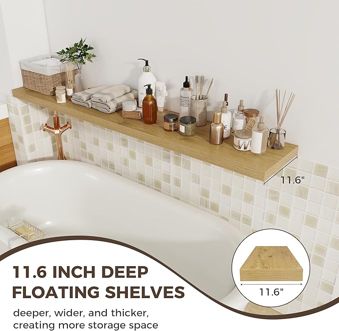 Fun Memories 12 Inch Deep Floating Shelves, 67 Inch Long Extra Large Floating Shelves Set of 2, Rustic Wood Wall Shelves for Living Room, Kitchen, Bedroom, Farmhouse, Laundry Room, Home Office - Oak