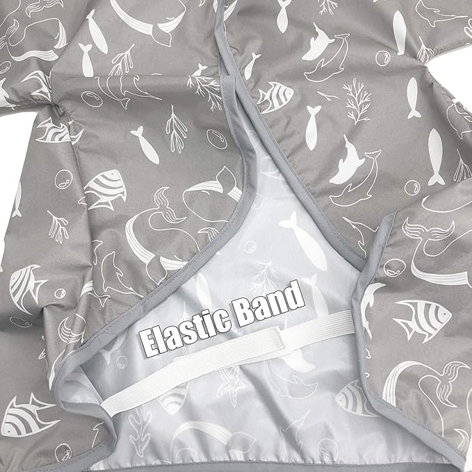 Long Sleeve Baby Bib, Attaches to Highchair, Waterproof & Portable (Gray Seaworld)
