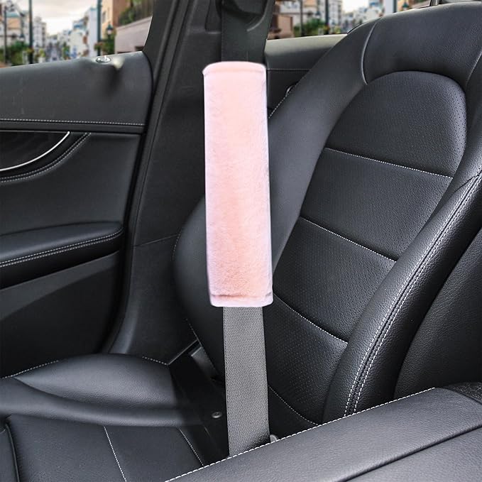 Amooca Soft Faux Fur Universal Fit Seatbelt Cover Car Truck SUV Airplane Seat Belt Shoulder Pad for Carmera Backpack Straps Neck Cushion Protector 2 Pack 10.5in Nude Pink
