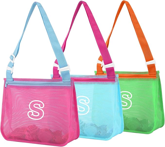 3Pcs Personalized Kids Beach Shell Bag, Initial Seashell Mesh Zipper Beach Pouch, Shell Collecting Bag for Holding Shells with Adjustable Straps, Sand Toys Swim Pouch Gift for Girl Boy Teens(Letter S)