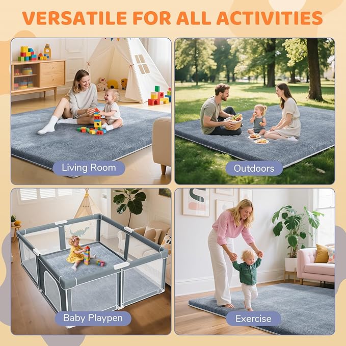 Omzer Baby Play Mat for Floor - 1.3" Thick Foam 71x79 Inch Playpen Mats with Removable & Washable Cover for Tummy Time, Soft Coral Velvet & Non-Slip Crawling Pad for Babies, Toddlers, Infants - Grey